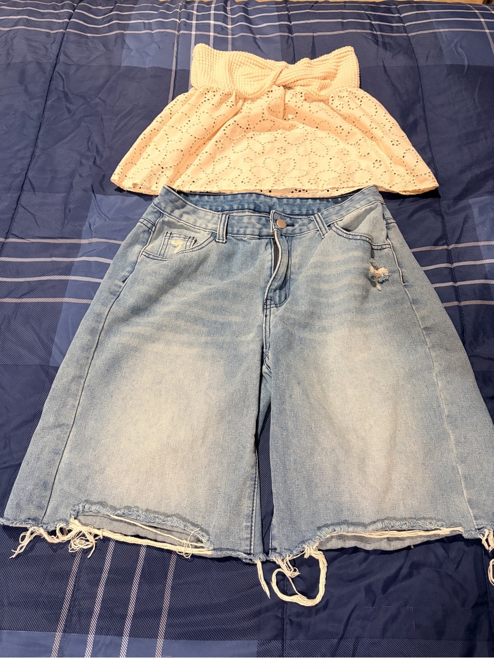 Blue Jean Jorts with a knit tube top